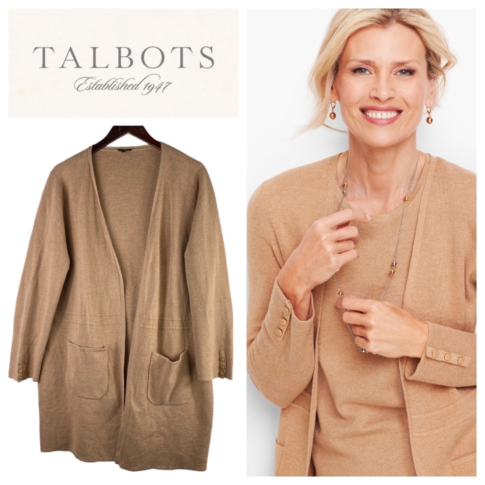 Talbots Sz 1X 16 18 Open Cardigan Sweater Duster Tan Pockets Cotton Stretch